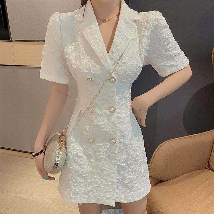 Double-Breasted Puff Sleeve Dress for Gen Z Streetwear Style