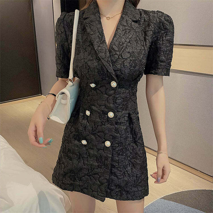 Double-Breasted Puff Sleeve Dress for Gen Z Streetwear Style