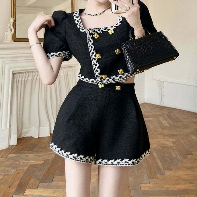 Double Breasted Tweed Top & High Waist Shorts Set - Trendy Gen Z K-POP Streetwear for Y2K Fashion