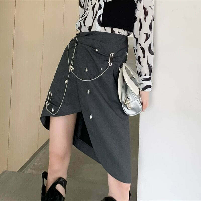 Edgy Beaded Patchwork Chain Skirt for Gen Z Fashionistas