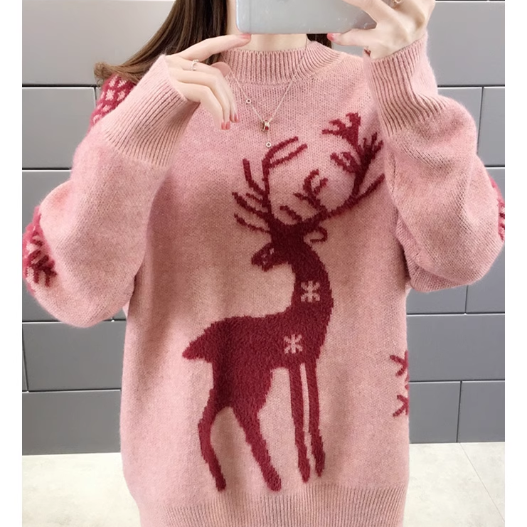 Elk Print Oversized Sweater for Gen Z | K-POP Streetwear Y2K Fashion