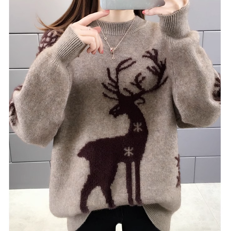 Elk Print Oversized Sweater for Gen Z | K-POP Streetwear Y2K Fashion