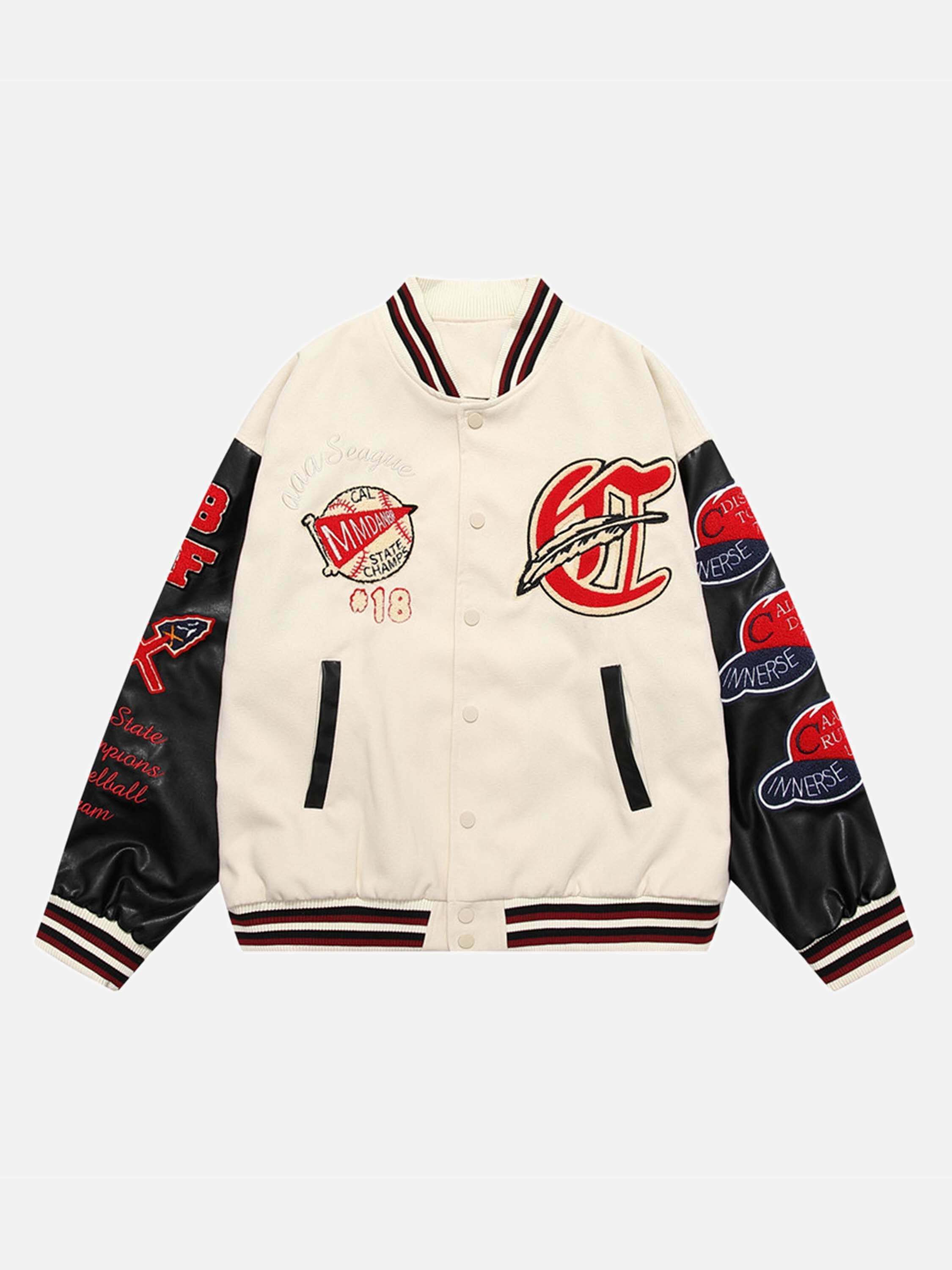 Embroidered Alphabet Baseball Jacket with Patchwork PU Leather Sleeves