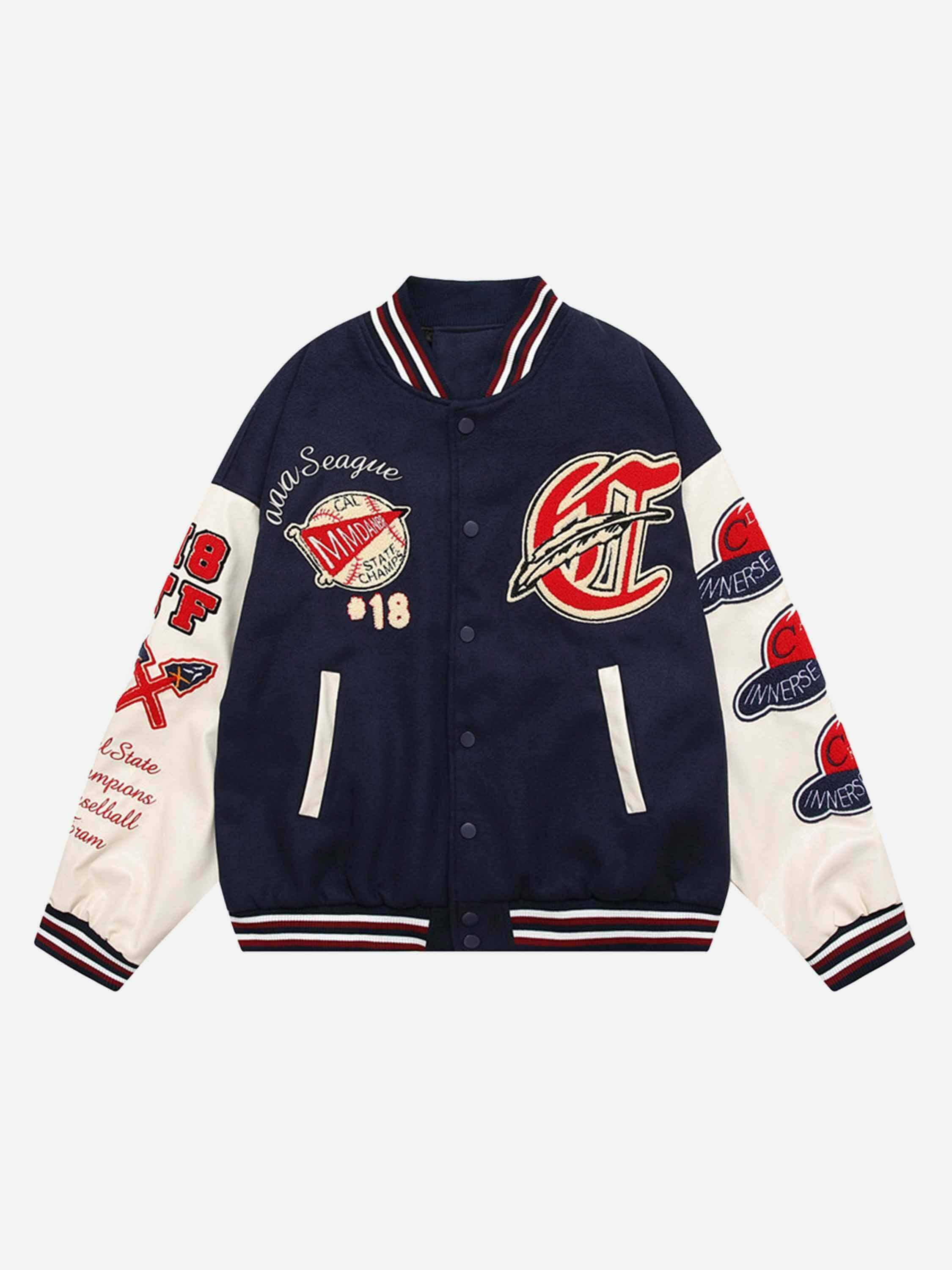 Embroidered Alphabet Baseball Jacket with Patchwork PU Leather Sleeves