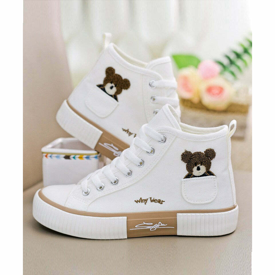 Embroidered Bear High-Top Streetwear Canvas Sneakers