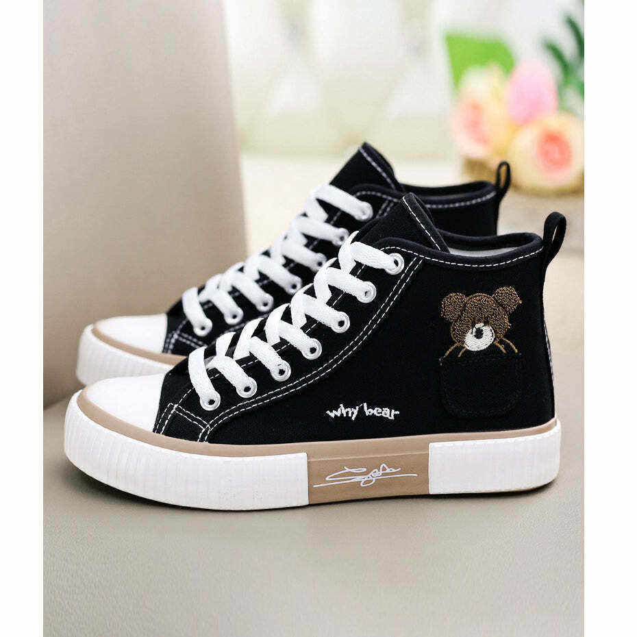 Embroidered Bear High-Top Streetwear Canvas Sneakers