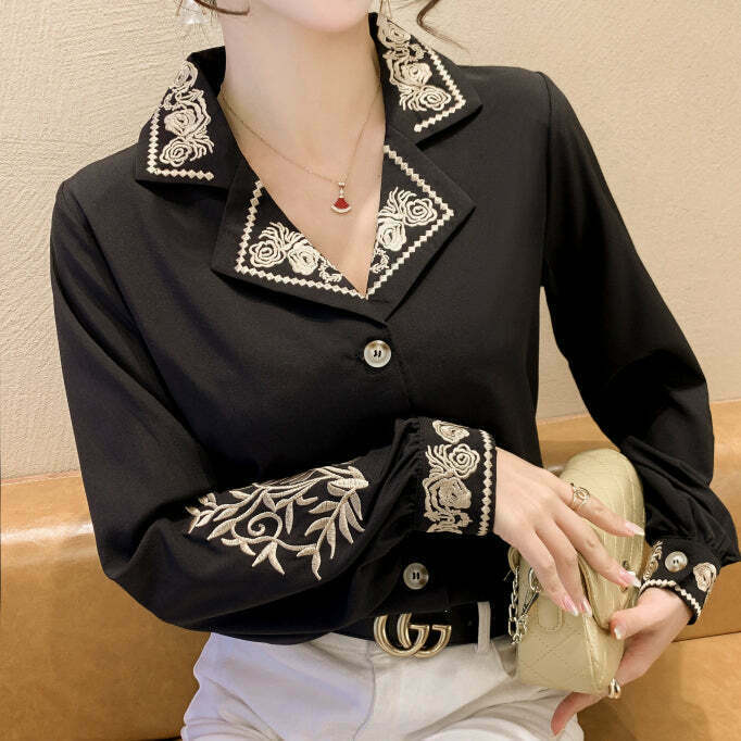 Embroidered Collar Chiffon Shirt: Gen Z K-POP Streetwear Style