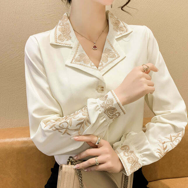 Embroidered Collar Chiffon Shirt: Gen Z K-POP Streetwear Style