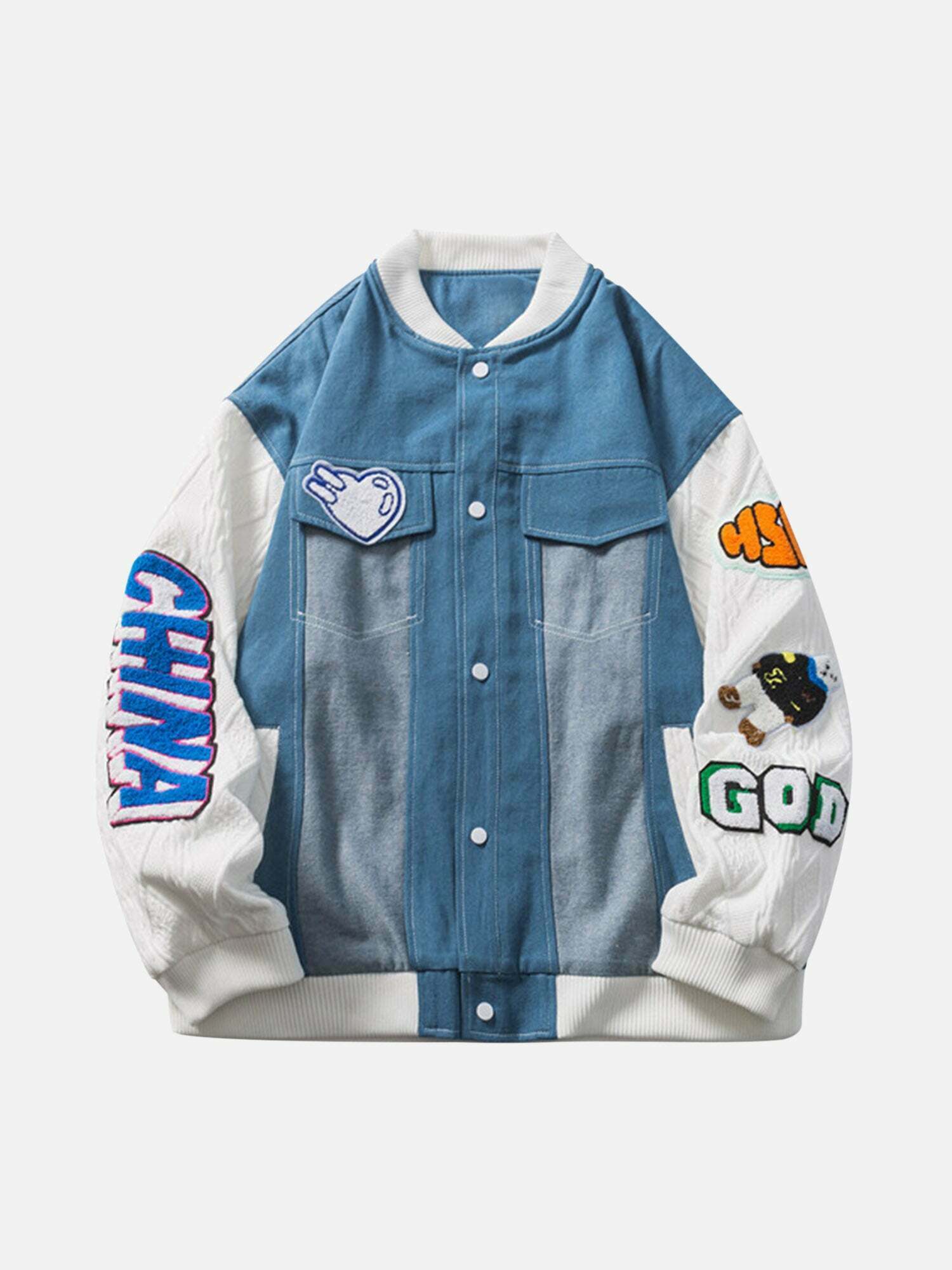 Embroidered Denim Patchwork Baseball Jacket for Gen Z Streetwear