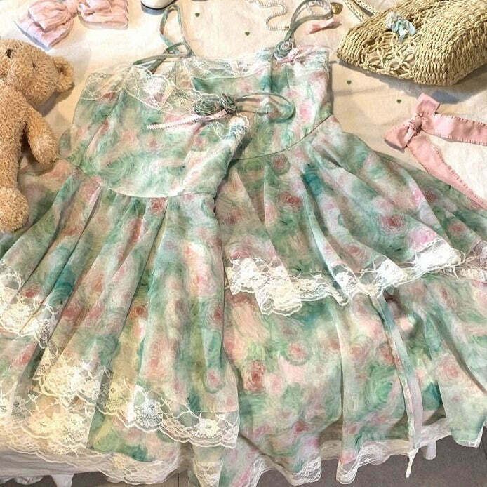 Emerald & Rose Quartz Lace Princesscore Kawaii Dress