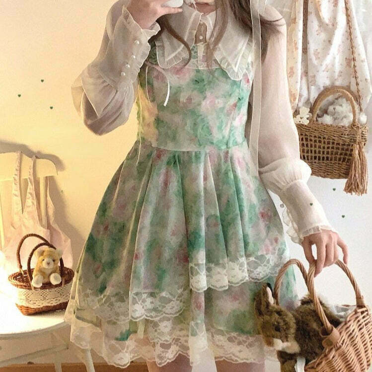 Emerald & Rose Quartz Lace Princesscore Kawaii Dress