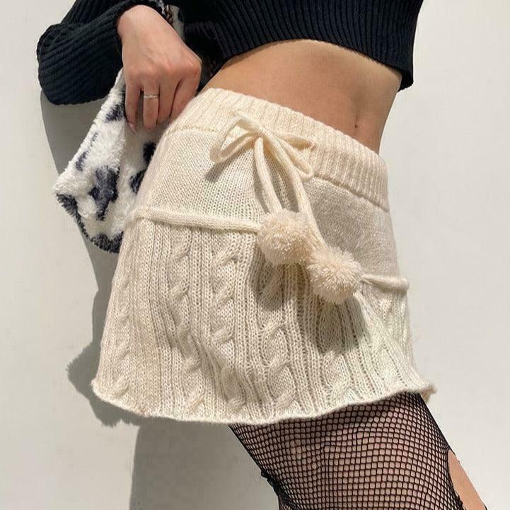 Fairycore Cable Knit Skirt with Snowball Puffs for Gen Z Fashion