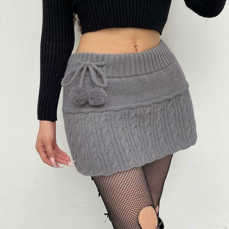 Fairycore Cable Knit Skirt with Snowball Puffs for Gen Z Fashion