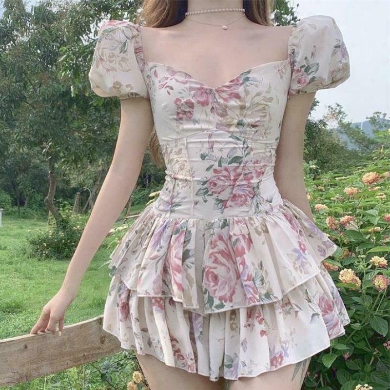 Fairycore Dress: Hare Among Tea Roses | Gen Z K-POP Streetwear Y2K