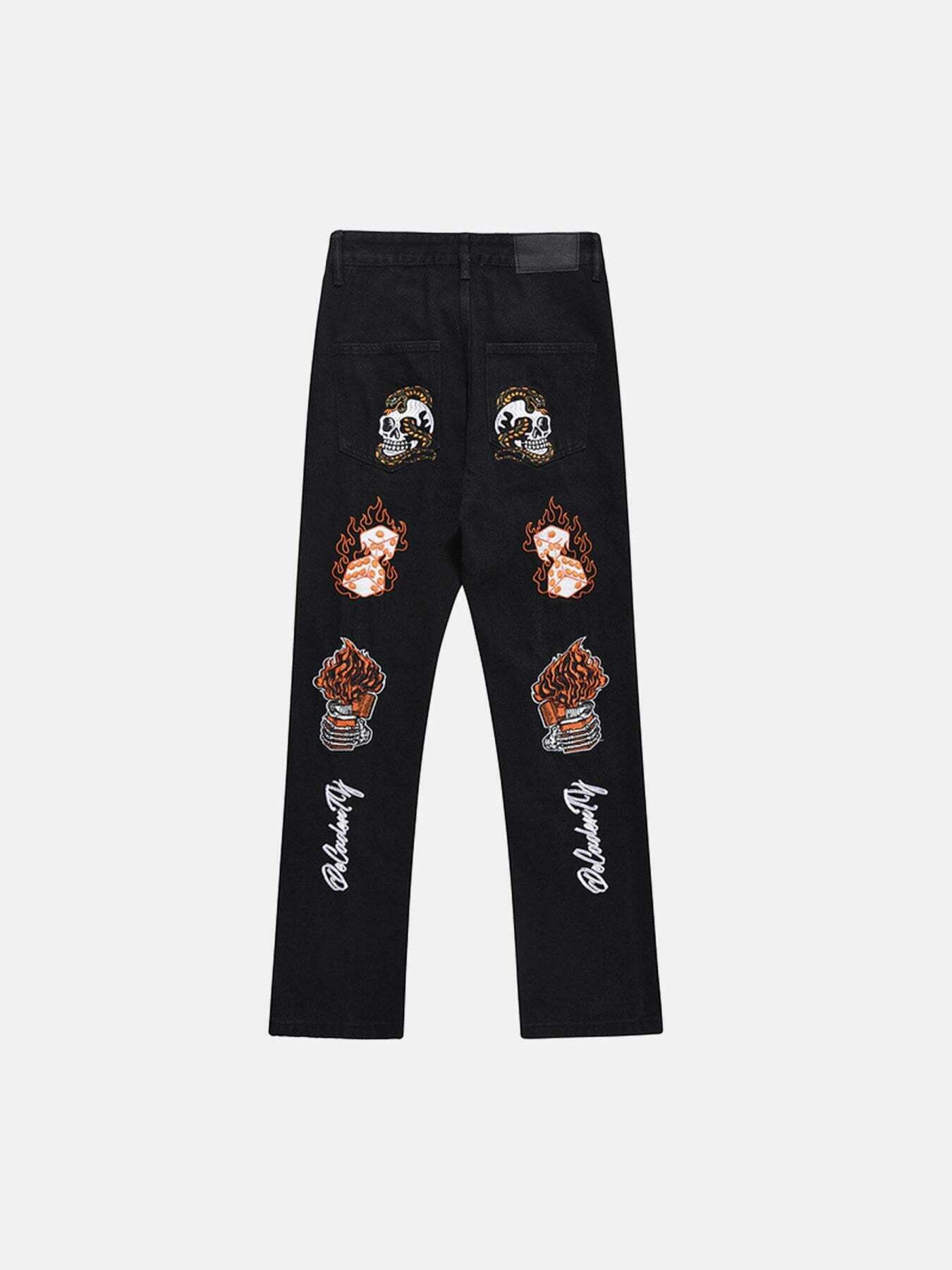 Flame Skull Monogram Slim Fit Jeans for Gen Z Streetwear