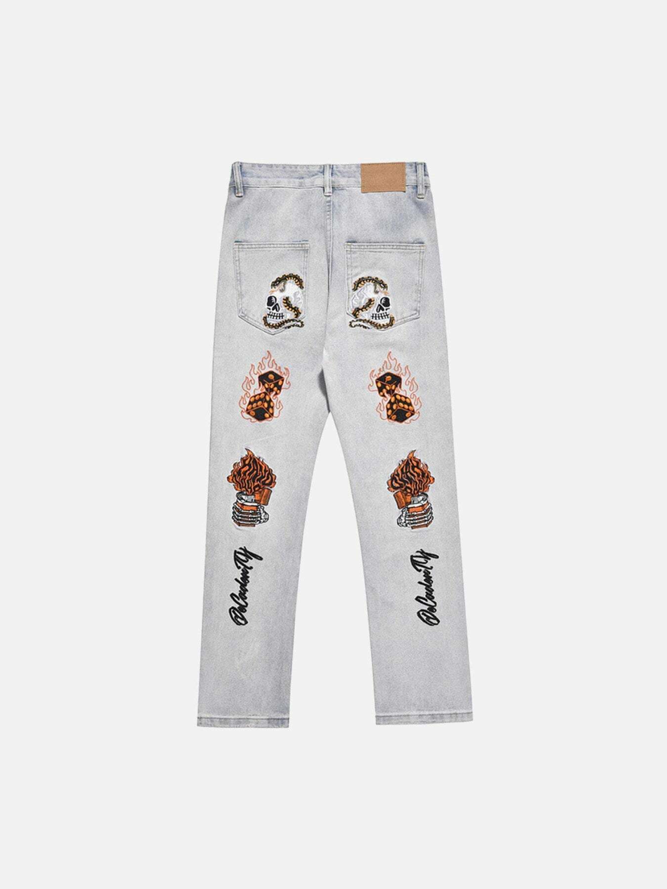 Flame Skull Monogram Slim Fit Jeans for Gen Z Streetwear