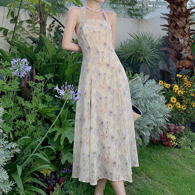 Floral Chiffon Halterneck Long Dress for Gen Z Streetwear