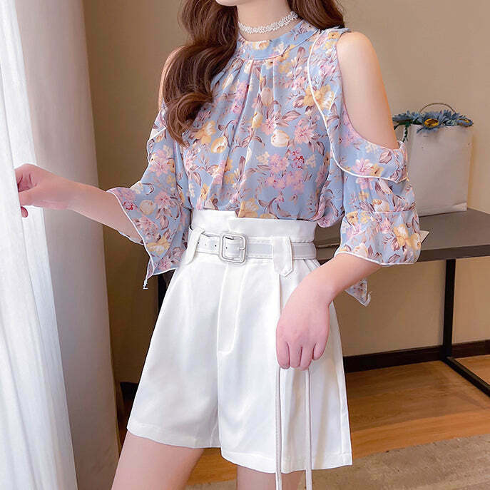 Floral Chiffon Off-Shoulder Top with Wide-Leg Shorts - Trendy Gen Z K-POP Streetwear