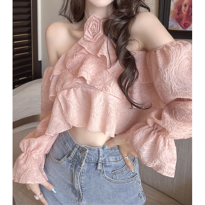 Floral Ruffle Halterneck Chiffon Top for Gen Z Fashionistas