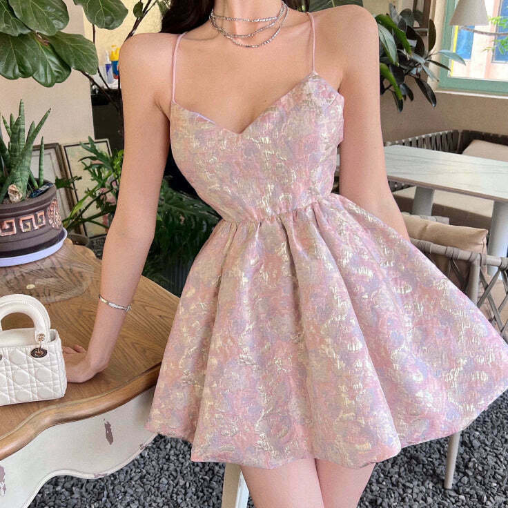 Floral V-Neck Puffy Cami Dress in Pink | Gen Z K-POP Streetwear Y2K Fashion