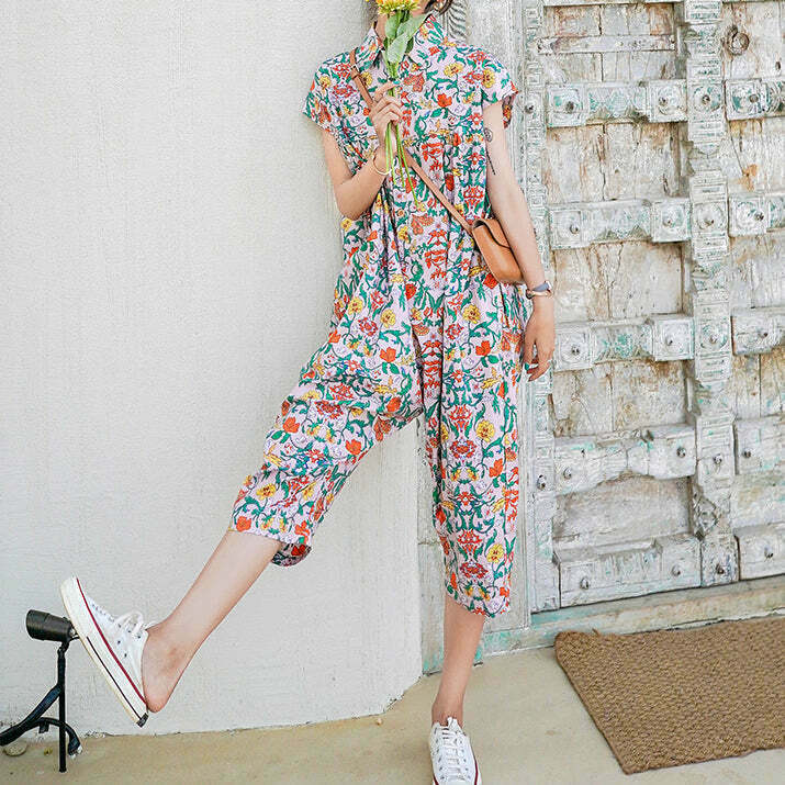 Floral Wide-Leg Jumpsuit with Polo Collar - Gen Z Streetwear Fashion