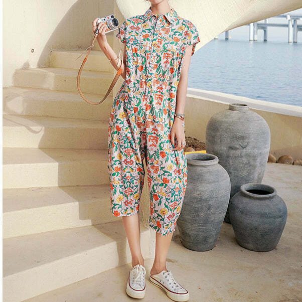 Floral Wide-Leg Jumpsuit with Polo Collar - Gen Z Streetwear Fashion