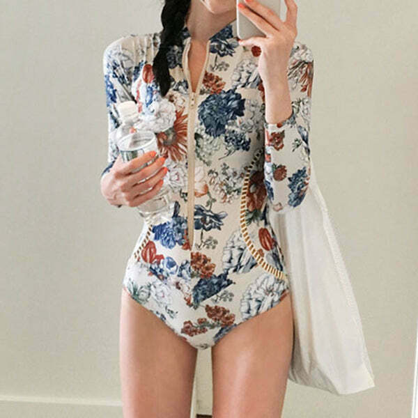 Floral Zipper One-Piece Swimsuit: Gen Z K-POP Streetwear Style