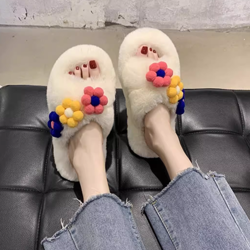 Furry Flower Cotton Slippers for Gen Z Streetwear Style