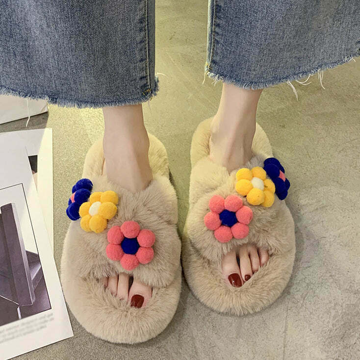 Furry Flower Cotton Slippers for Gen Z Streetwear Style