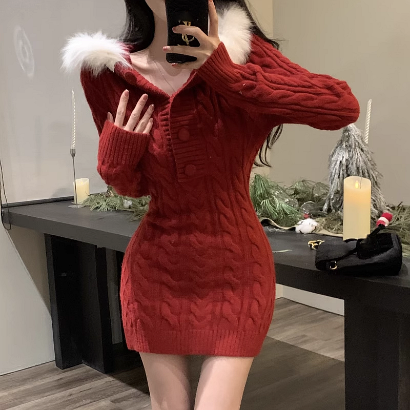 Furry Hooded Red Knitted Dress for Gen Z K-POP Streetwear