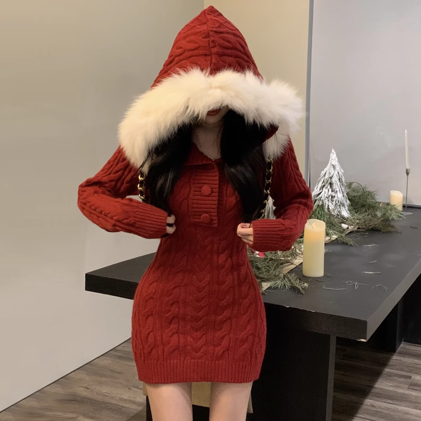 Furry Hooded Red Knitted Dress for Gen Z K-POP Streetwear