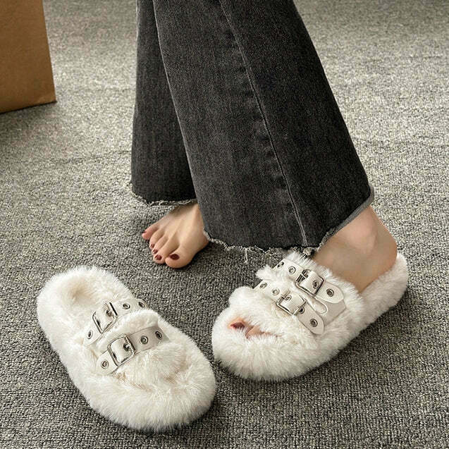 Furry Plush Cotton Slippers with Thick-Soled Belt Buckle