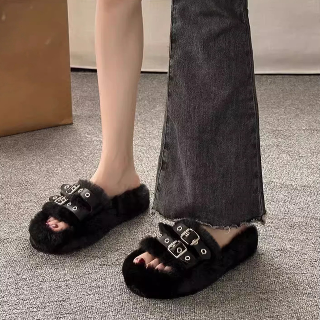 Furry Plush Cotton Slippers with Thick-Soled Belt Buckle