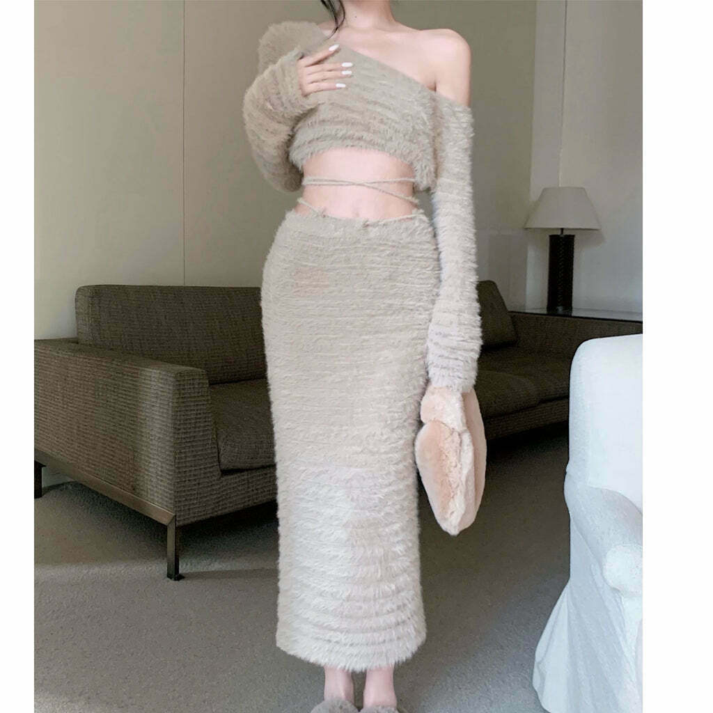 Furry Short Top & High Waist Long Skirt Set for Gen Z Fashionistas