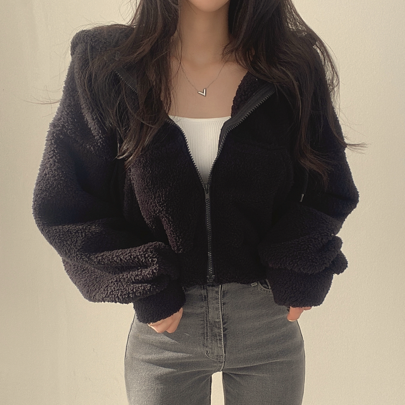 Fuzzy Sheep Wool Hooded Jacket for Gen Z Streetwear Style