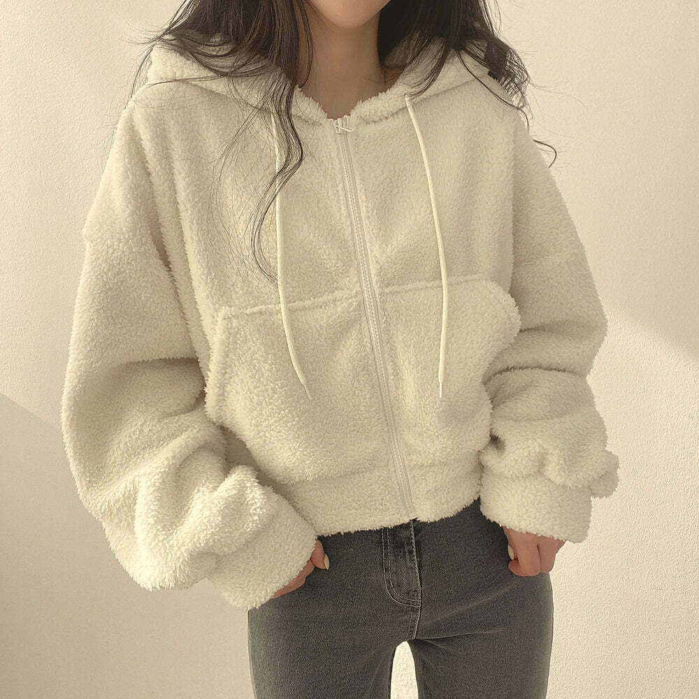 Fuzzy Sheep Wool Hooded Jacket for Gen Z Streetwear Style