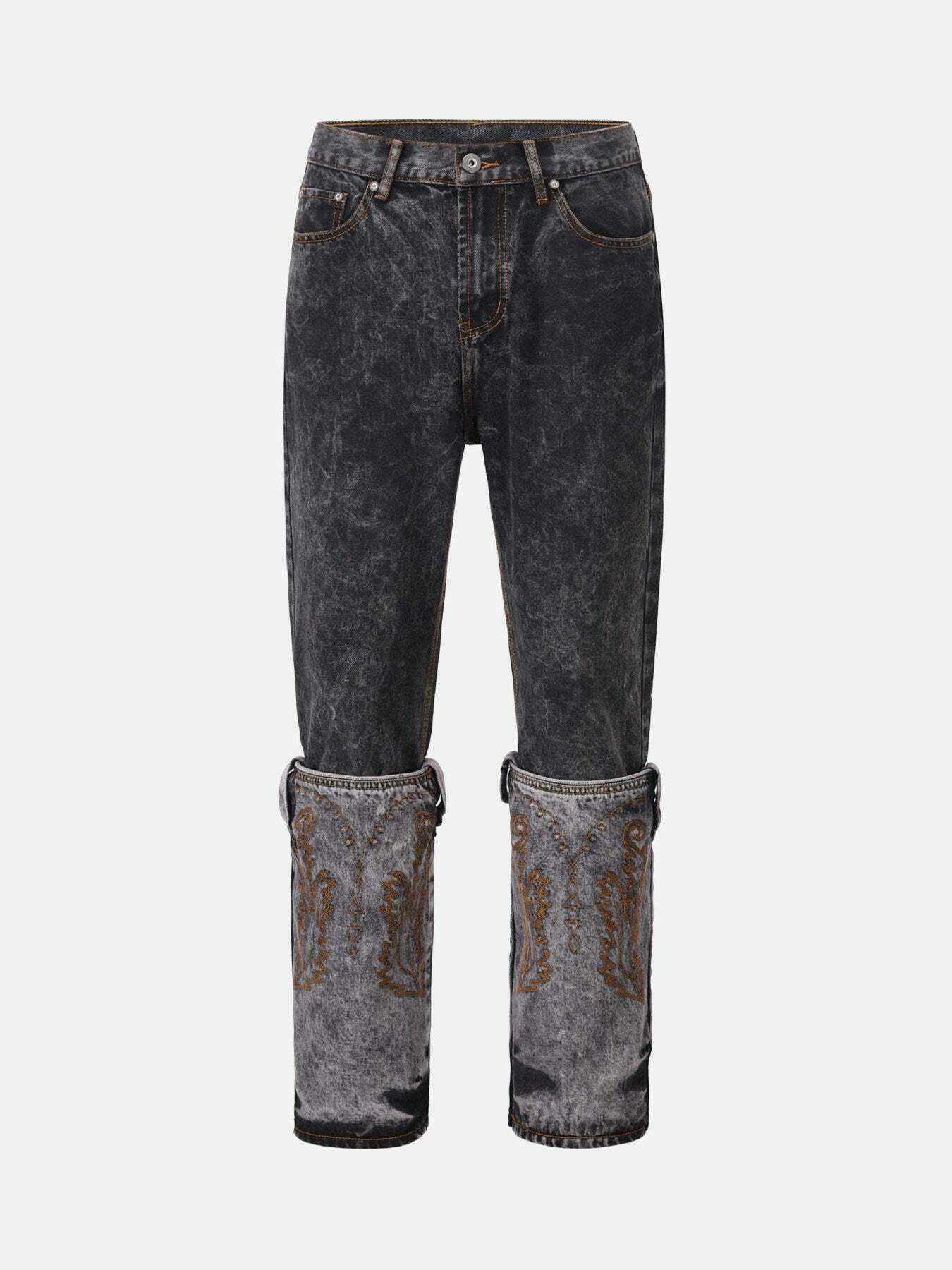 Gen Z Acid Wash Two-tone Jeans with Embroidery Detailing