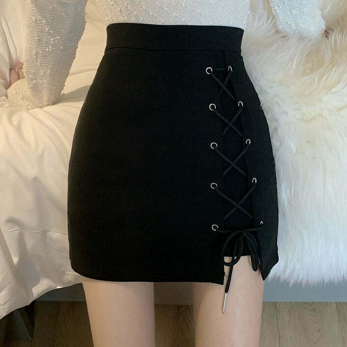 Gen Z Black Cross-Tie High-Waist Skirt: K-POP Streetwear Y2K Style