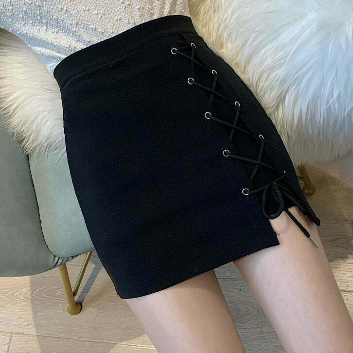 Gen Z Black Cross-Tie High-Waist Skirt: K-POP Streetwear Y2K Style