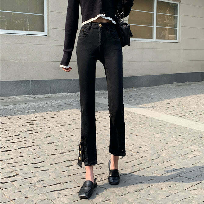 Gen Z Black High-Waisted Slim-Fit Jeans for K-POP & Streetwear