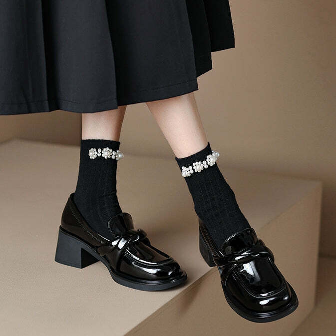 Gen Z Black Leather High-Heeled Shoes: Retro Style for K-POP & Y2K Fashion