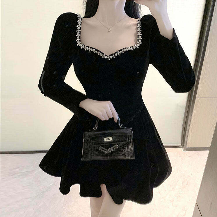 Gen Z Black Square Neck Beaded A-Line Puff Dress for K-POP & Y2K Fashion