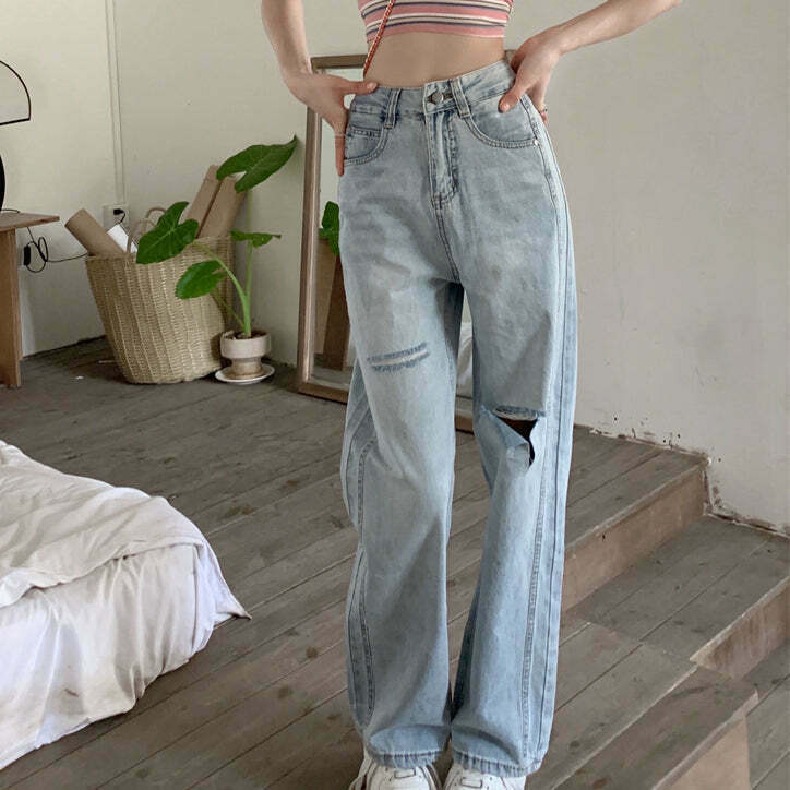 Gen Z Blue High Waist Straight Leg Jeans | K-POP Streetwear Y2K Fashion