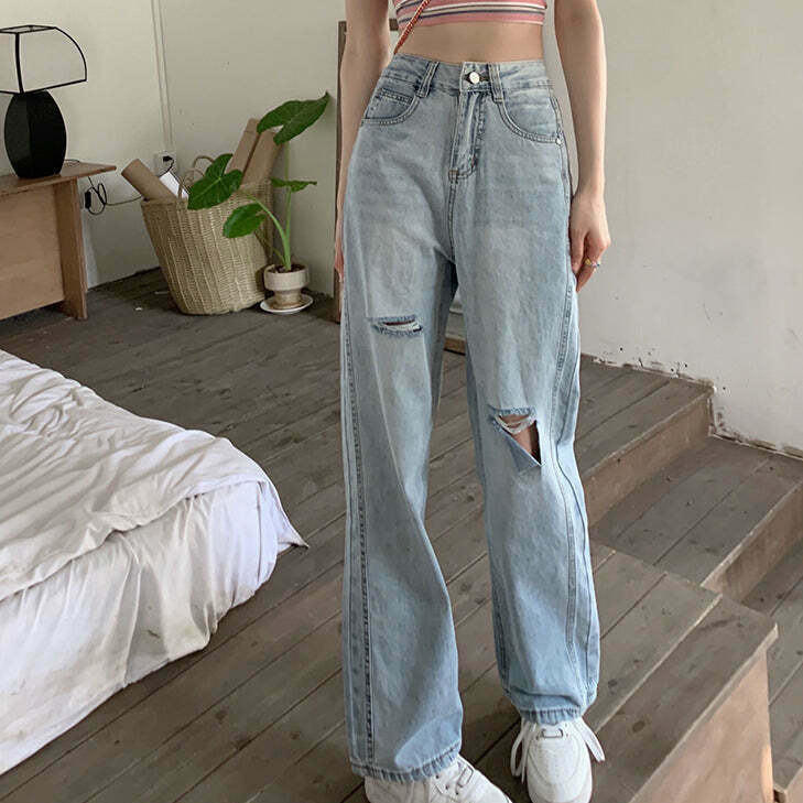 Gen Z Blue High Waist Straight Leg Jeans | K-POP Streetwear Y2K Fashion