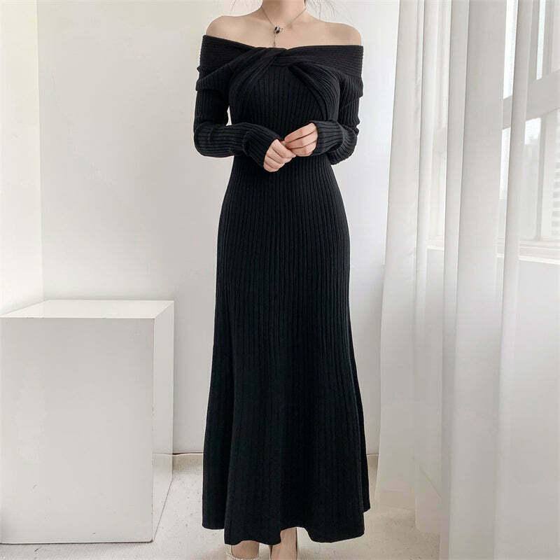 Gen Z Braided Off-Shoulder High-Waist Knit Dress for Y2K Streetwear