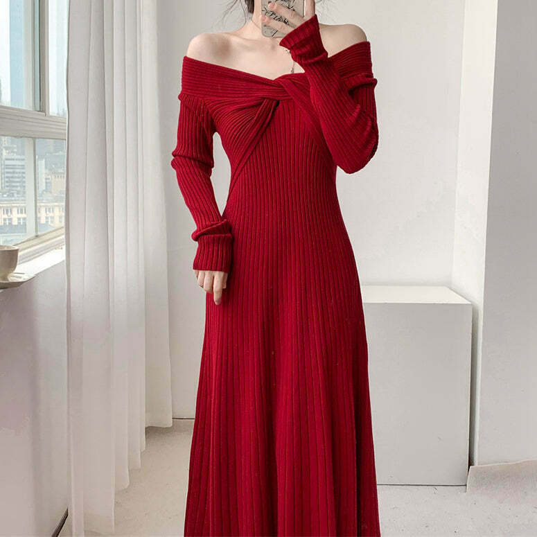 Gen Z Braided Off-Shoulder High-Waist Knit Dress for Y2K Streetwear