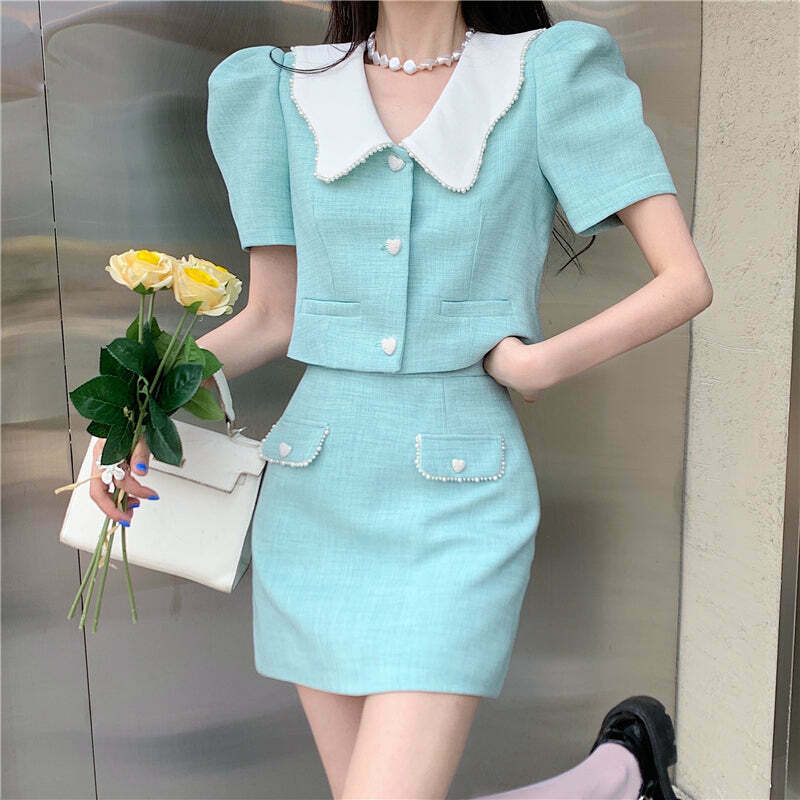 Gen Z Doll Collar Jacket & High Waist Skirt Set | K-POP Streetwear Y2K Fashion