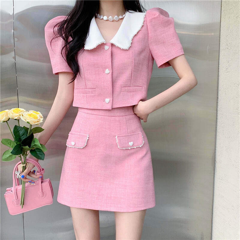 Gen Z Doll Collar Jacket & High Waist Skirt Set | K-POP Streetwear Y2K Fashion