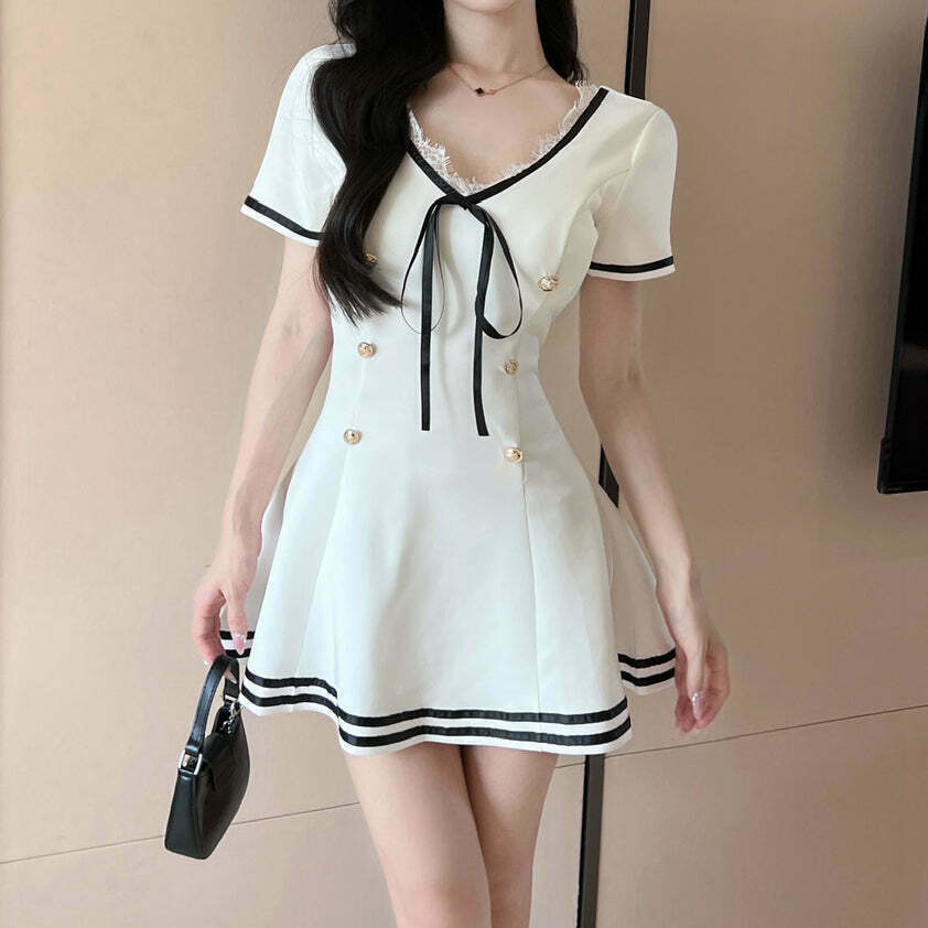 Gen Z Double-Breasted Strappy Short-Sleeve Dress for K-POP & Streetwear Fans