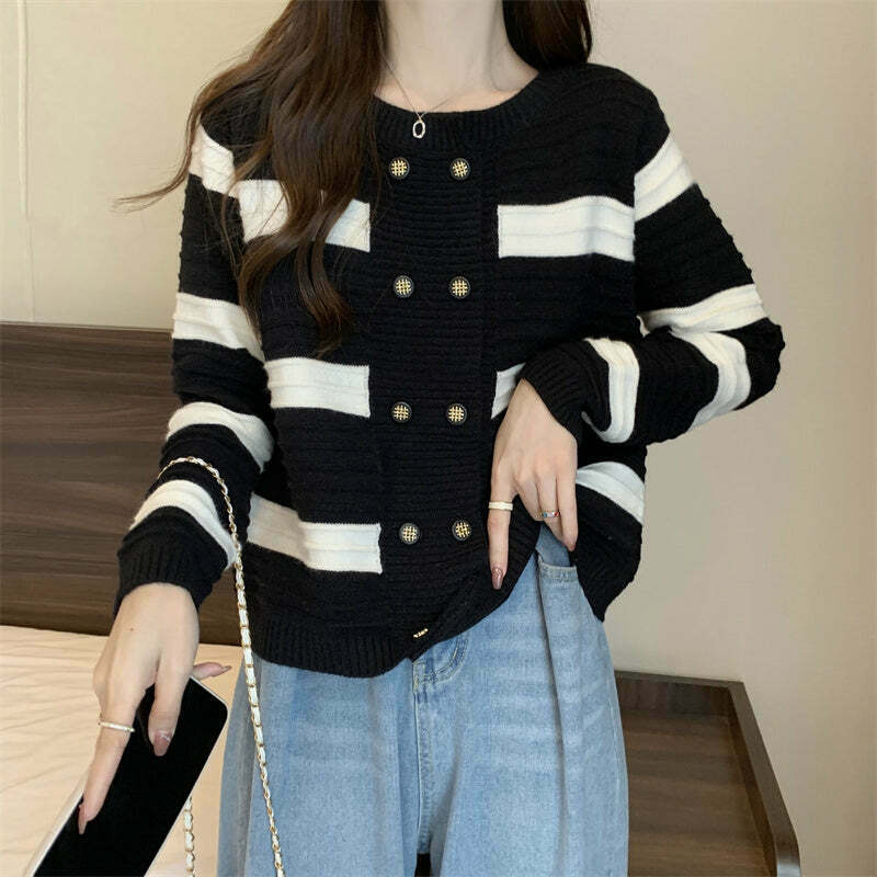 Gen Z Double Breasted Striped Sweater Coat - Y2K Knit Top